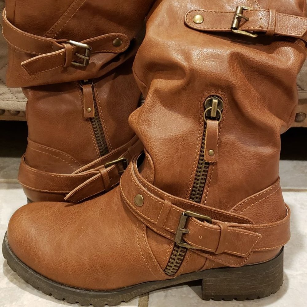Report Brown Boots Size 8 Tall Zipper Belt Buckle Straps Women's - WMS 8